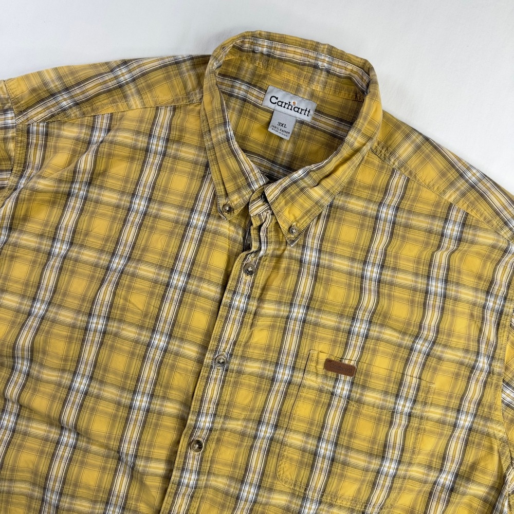 CARHARTT Shirt Men's 3XL Yellow Brown Short Sleeve Checked Plaid Cotton Outdoors